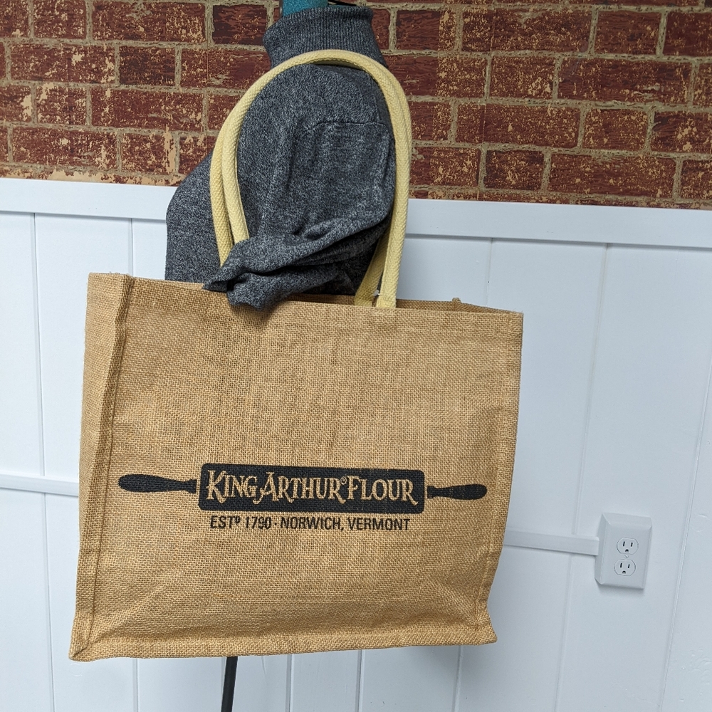 King Arthur Roomy Size Jute Straw w Rolling Pin Logo, Baker, Market Tote Bag